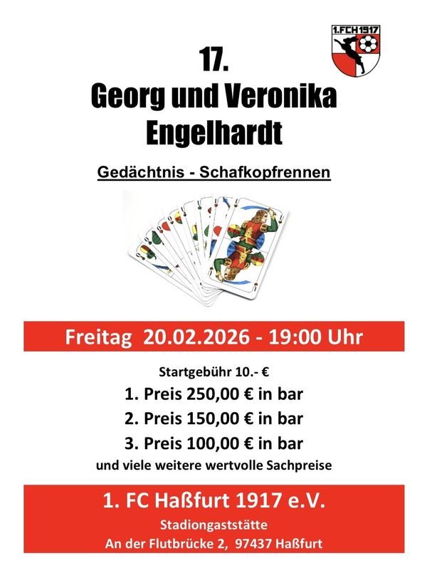Plakat „17. Georg und Veronika Engelhardt Gedächtnis-Schafkopfrennen“ mit aufgefächerten Schafkopfkarten: Freitag, 20.02.2026, 19:00 Uhr, Startgebühr 10 €, Geldpreise 250, 150 und 100 €
