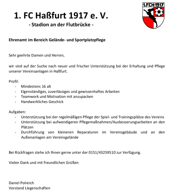 Aushang „Stadion an der Flutbrücke“ mit Vereinswappen: Gesucht wird Unterstützung im Ehrenamt für Gelände- und Sportplatzpflege, mit Profil, Aufgaben und Telefonnummer von Daniel Polreich