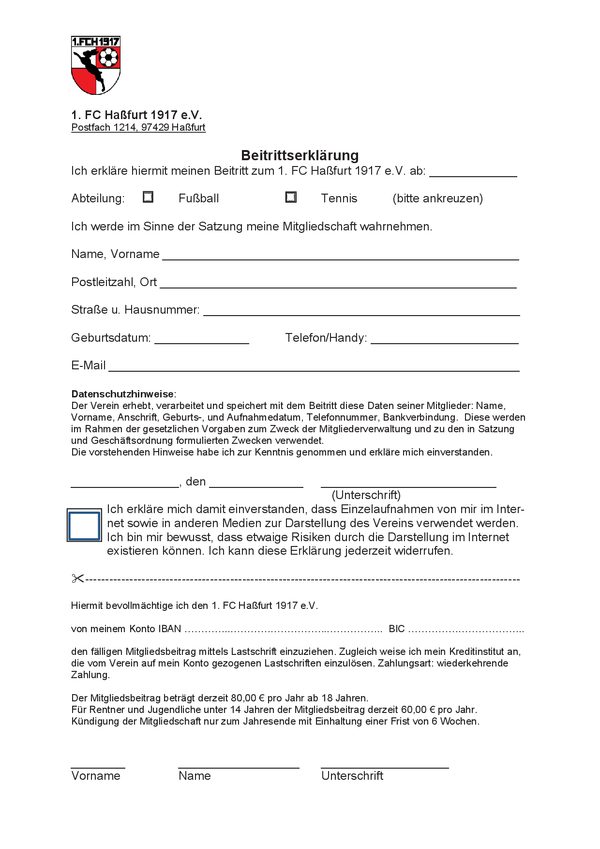 Vorschau der Beitrittserklärung: Formular mit Vereinswappen, Ankreuzfeldern für Fußball oder Tennis, Feldern für die persönlichen Angaben, Datenschutzhinweis, Foto-Einwilligung und SEPA-Lastschriftmandat
