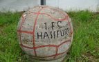 Steinkugel in Form eines Fußballs mit der Aufschrift „1. FC Hassfurt“ im Gras