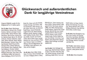 Anzeige „Glückwunsch und außerordentlichen Dank für langjährige Vereinstreue“ mit Jubiläumslogo und Namensliste der für 25, 40, 50, 60, 70 und 80 Jahre Mitgliedschaft geehrten Mitglieder