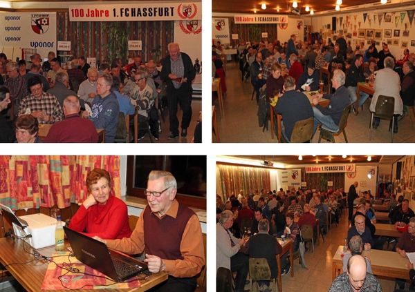 Collage aus vier Fotos: Teilnehmer beim Schafkopfrennen im voll besetzten Saal unter dem Banner „100 Jahre 1. FC Hassfurt“ und Auswertung am Laptop