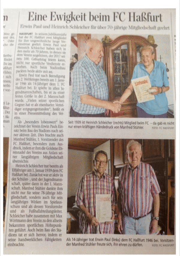Zeitungsartikel „Eine Ewigkeit beim FC Haßfurt – Erwin Paul und Heinrich Schleicher für über 70-jährige Mitgliedschaft geehrt“ mit zwei Fotos der Geehrten mit dem Vorsitzenden