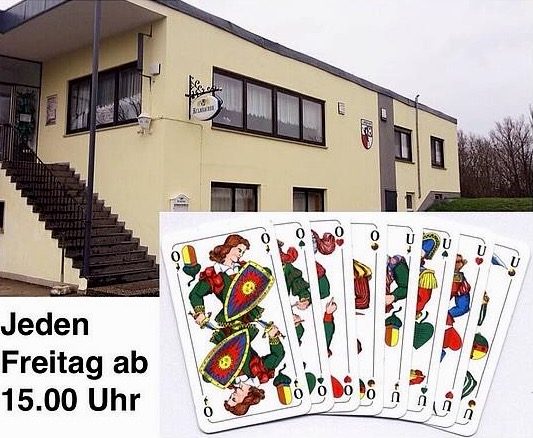Collage: Außenansicht der FC-Gaststätte mit Wirtshausschild und Vereinswappen sowie ein Blatt fränkischer Spielkarten, Text „Jeden Freitag ab 15.00 Uhr“