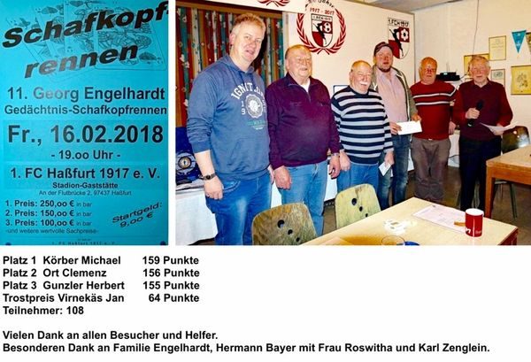 Plakat zum 11. Georg Engelhardt Gedächtnis-Schafkopfrennen am 16.02.2018, Foto der Platzierten mit Umschlägen und Ergebnisliste
