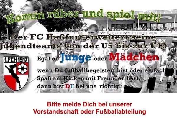 Werbeplakat der Jugendabteilung: Schwarz-Weiß-Foto von Spielern, die mit Kindern auf den Platz einlaufen, links das Vereinswappen. Der Plakattext steht nebenan.
