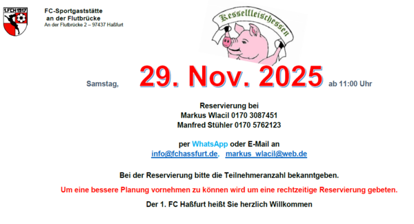 Plakat Kesselfleischessen der FC-Sportgaststätte mit gezeichnetem Schwein: Samstag, 29. November 2025 ab 11:00 Uhr