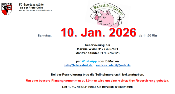 Plakat Kesselfleischessen der FC-Sportgaststätte mit gezeichnetem Schwein: Samstag, 10. Januar 2026 ab 11:00 Uhr