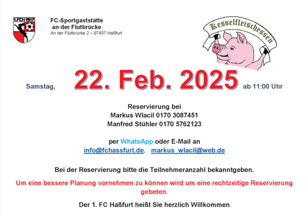Plakat Kesselfleischessen der FC-Sportgaststätte mit gezeichnetem Schwein: Samstag, 22. Februar 2025 ab 11:00 Uhr
