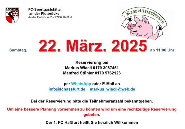 Plakat Kesselfleischessen der FC-Sportgaststätte mit gezeichnetem Schwein: Samstag, 22. März 2025 ab 11:00 Uhr