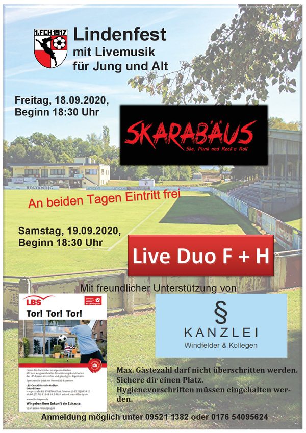 Plakat „Lindenfest mit Livemusik für Jung und Alt“ über einem Foto des Sportplatzes: Freitag, 18.09.2020 Skarabäus, Samstag, 19.09.2020 Live Duo F + H, jeweils 18:30 Uhr, Eintritt frei, Anmeldung möglich