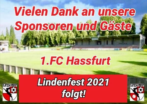 Fußballplatz an der Flutbrücke mit überdachter Tribüne und Bäumen, darüber der Schriftzug „Vielen Dank an unsere Sponsoren und Gäste – Lindenfest 2021 folgt!“