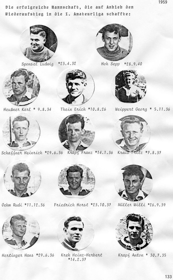 Gescannte Chronikseite 133 von 1959 mit der Überschrift „Die erfolgreiche Mannschaft, die auf Anhieb den Wiederaufstieg in die I. Amateurliga schaffte“: 14 runde Schwarz-Weiß-Porträtfotos der Spieler, jeweils mit Name und Geburtsdatum in Schreibmaschinenschrift.