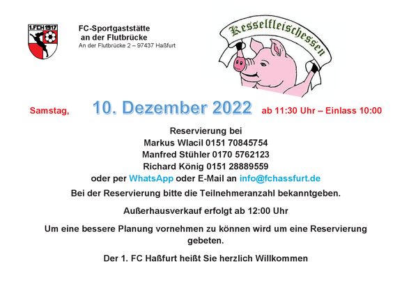 Plakat Kesselfleischessen der FC-Sportgaststätte mit gezeichnetem Schwein: Samstag, 10. Dezember 2022 ab 11:30 Uhr, Einlass 10:00 Uhr