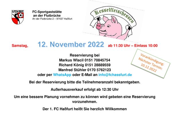 Plakat Kesselfleischessen der FC-Sportgaststätte mit gezeichnetem Schwein: Samstag, 12. November 2022 ab 11:30 Uhr, Vorankündigung nächster Termin 10.12.2022