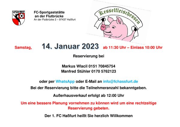 Plakat Kesselfleischessen der FC-Sportgaststätte mit gezeichnetem Schwein: Samstag, 14. Januar 2023 ab 11:30 Uhr, Einlass 10:00 Uhr, Außerhausverkauf ab 12:00 Uhr