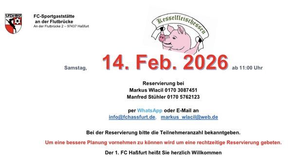 Plakat Kesselfleischessen der FC-Sportgaststätte mit gezeichnetem Schwein: Samstag, 14. Februar 2026 ab 11:00 Uhr, Reservierung bei Markus Wlacil und Manfred Stühler