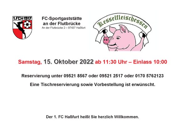 Plakat Kesselfleischessen der FC-Sportgaststätte mit gezeichnetem Schwein: Samstag, 15. Oktober 2022 ab 11:30 Uhr, Einlass 10:00 Uhr