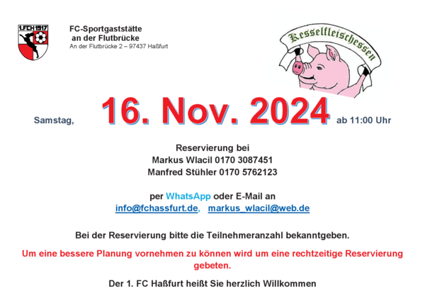 Plakat Kesselfleischessen der FC-Sportgaststätte mit gezeichnetem Schwein: Samstag, 16. November 2024 ab 11:00 Uhr