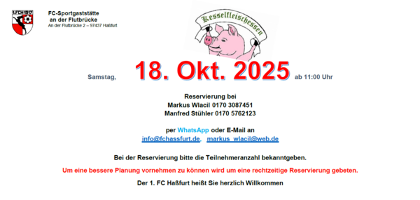 Plakat Kesselfleischessen der FC-Sportgaststätte mit gezeichnetem Schwein: Samstag, 18. Oktober 2025 ab 11:00 Uhr