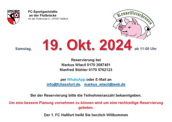 Plakat Kesselfleischessen der FC-Sportgaststätte mit gezeichnetem Schwein: Samstag, 19. Oktober 2024 ab 11:00 Uhr