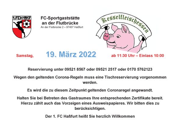 Plakat Kesselfleischessen der FC-Sportgaststätte mit gezeichnetem Schwein: Samstag, 19. März 2022 ab 11:30 Uhr, Hinweis auf Tischreservierung wegen Corona-Regeln