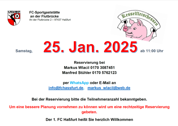 Plakat Kesselfleischessen der FC-Sportgaststätte mit gezeichnetem Schwein: Samstag, 25. Januar 2025 ab 11:00 Uhr