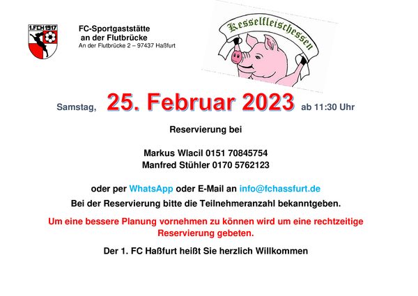 Plakat Kesselfleischessen der FC-Sportgaststätte mit gezeichnetem Schwein: Samstag, 25. Februar 2023 ab 11:30 Uhr