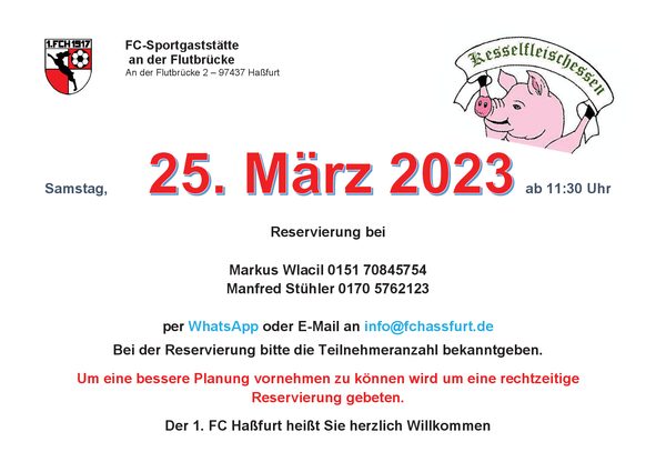 Plakat Kesselfleischessen der FC-Sportgaststätte mit gezeichnetem Schwein: Samstag, 25. März 2023 ab 11:30 Uhr
