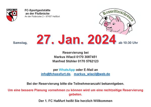 Plakat Kesselfleischessen der FC-Sportgaststätte mit gezeichnetem Schwein: Samstag, 27. Januar 2024 ab 10:30 Uhr