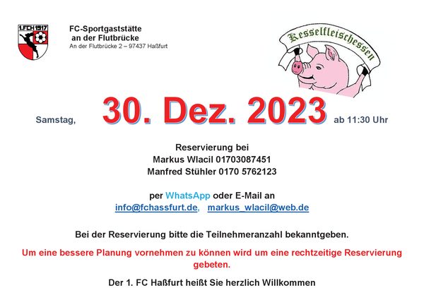 Plakat Kesselfleischessen der FC-Sportgaststätte mit gezeichnetem Schwein: Samstag, 30. Dezember 2023 ab 11:30 Uhr