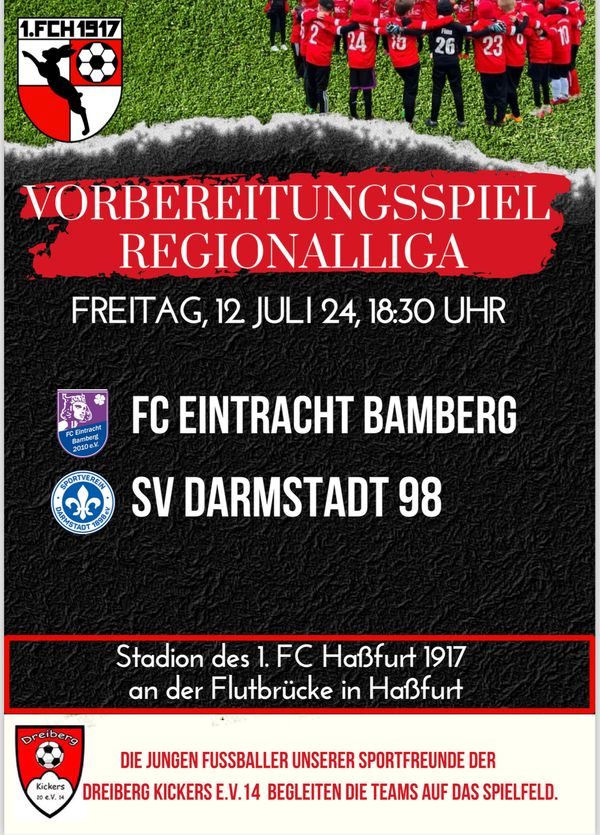 Plakat „Vorbereitungsspiel Regionalliga“ mit jungen Fußballern in roten Trikots: Freitag, 12. Juli 2024, 18:30 Uhr, FC Eintracht Bamberg gegen SV Darmstadt 98 im Stadion an der Flutbrücke