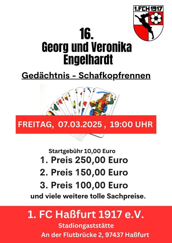 Plakat „16. Georg und Veronika Engelhardt Gedächtnis-Schafkopfrennen“ mit aufgefächerten Schafkopfkarten: Freitag, 07.03.2025, 19:00 Uhr, Startgebühr 10 Euro, Geldpreise 250, 150 und 100 Euro