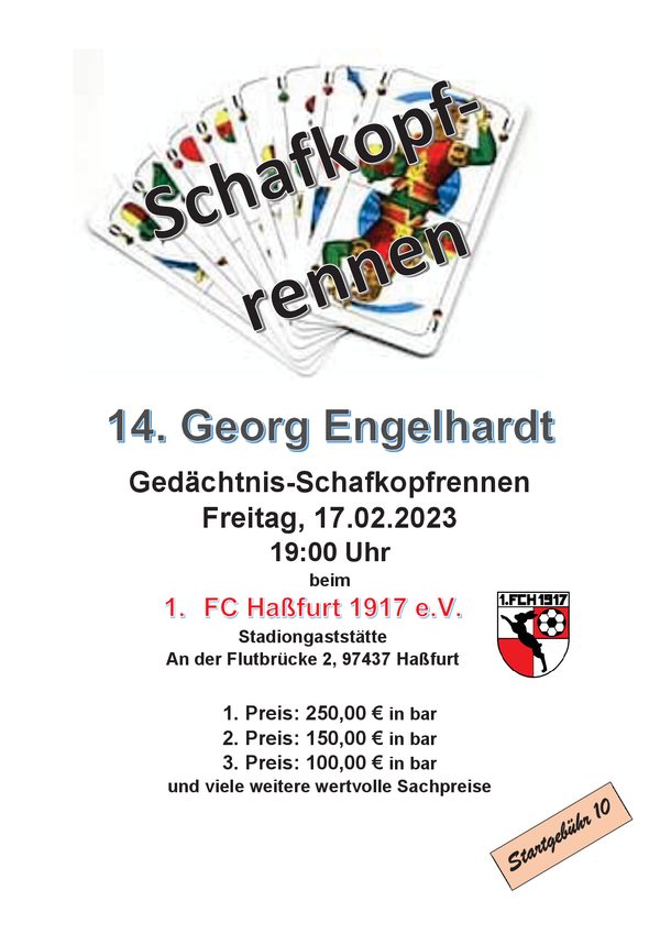 Plakat mit aufgefächerten Schafkopfkarten: „14. Georg Engelhardt Gedächtnis-Schafkopfrennen“, Freitag, 17.02.2023, 19:00 Uhr, Geldpreise 250, 150 und 100 €, Startgebühr 10